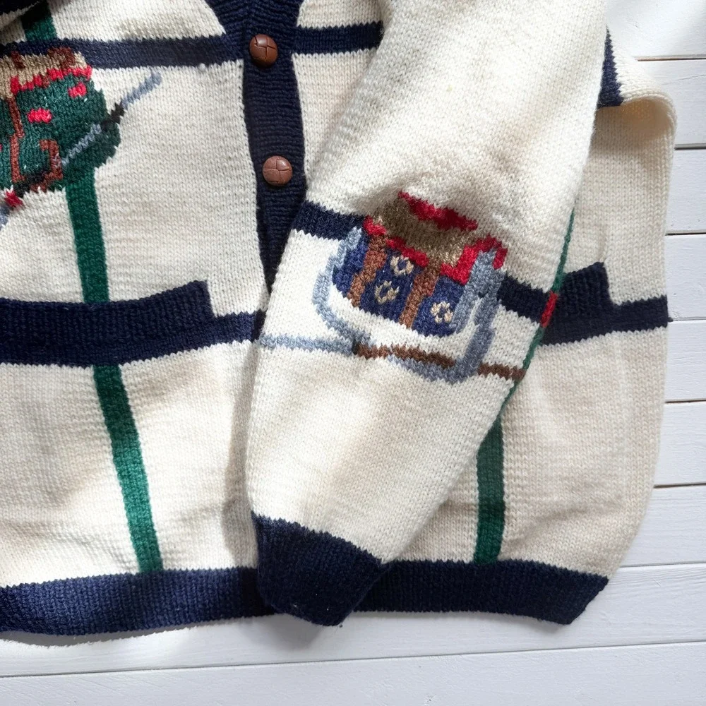 vtg Berek cream fly fishing fisherman wool intarsia cardigan‎ sweater - Picture 4 of 7